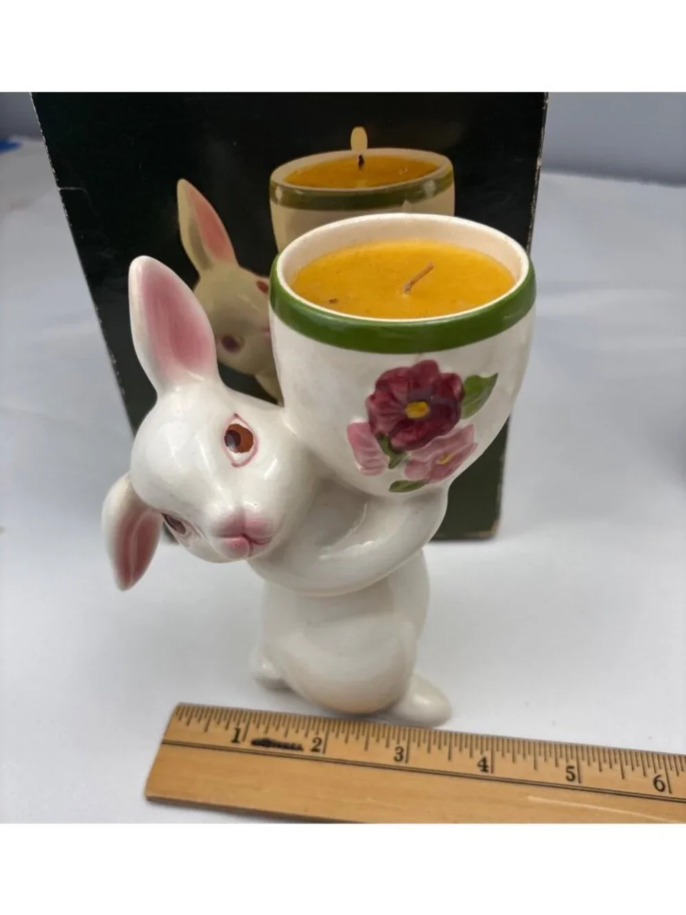 Avon Sunny Bunny Ceramic Candle Holder Floral Medley Candlelette Box 1981